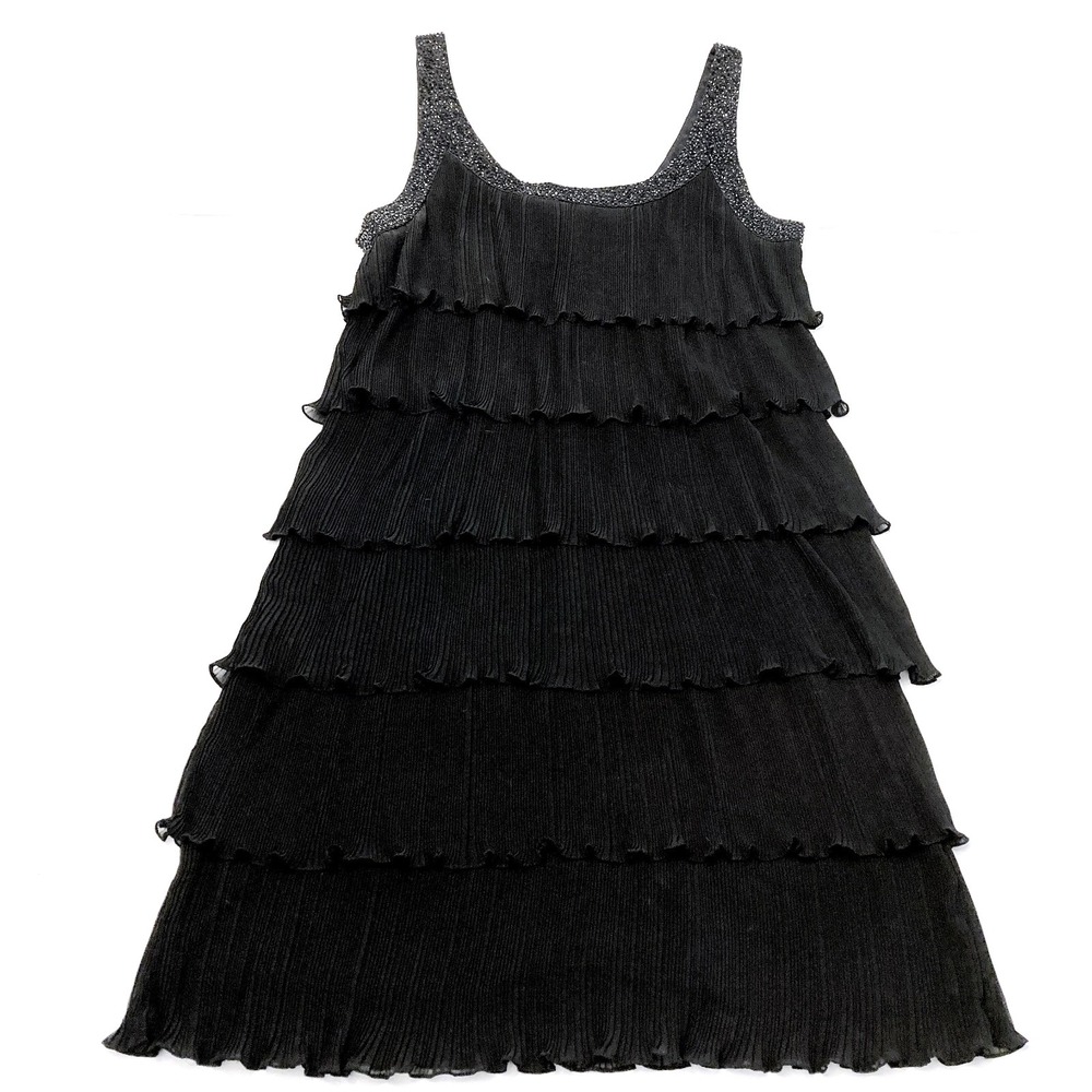 Patra Tiered Pleated Dress Womens 16 Black Chiffon Beaded‎ Sleeveless Flowy LBD